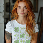 Women's St. Patrick's Day T-Shirt – Lucky Clover & Bow Design – Soft Cotton Crew Neck Tee – Irish Lass Holiday Shirt