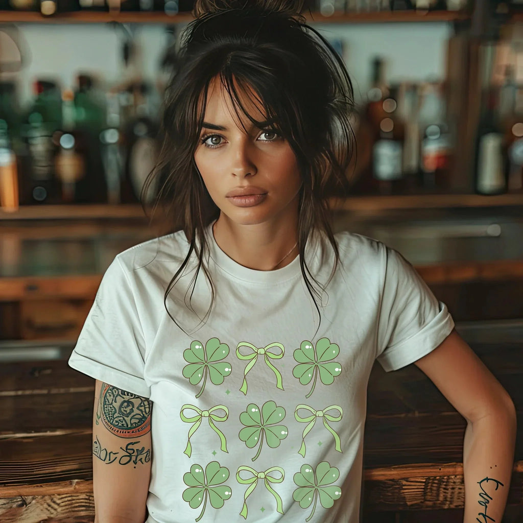 Women's St. Patrick's Day T-Shirt – Lucky Clover & Bow Design – Soft Cotton Crew Neck Tee – Irish Lass Holiday Shirt