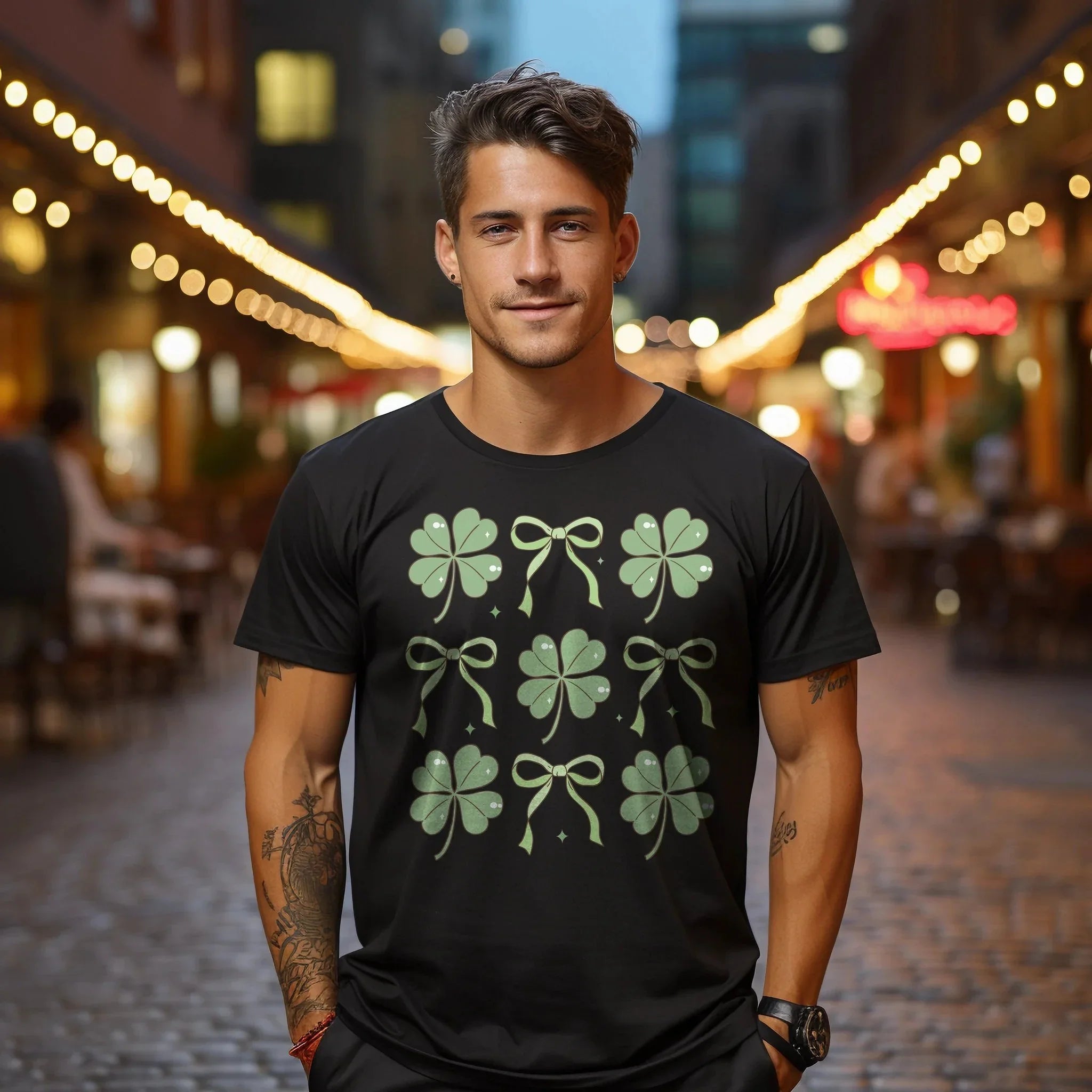 Women's St. Patrick's Day T-Shirt – Lucky Clover & Bow Design – Soft Cotton Crew Neck Tee – Irish Lass Holiday Shirt