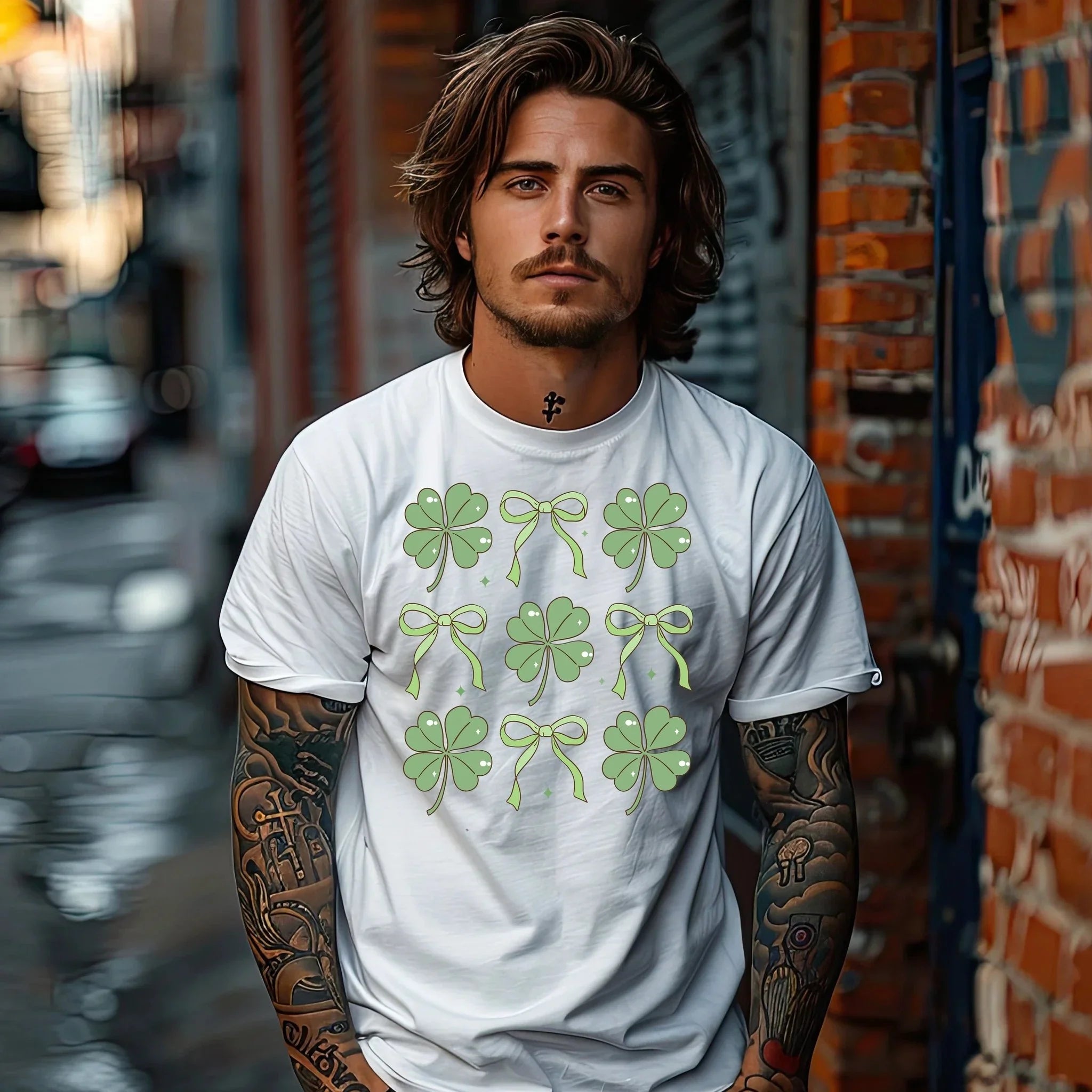 Women's St. Patrick's Day T-Shirt – Lucky Clover & Bow Design – Soft Cotton Crew Neck Tee – Irish Lass Holiday Shirt