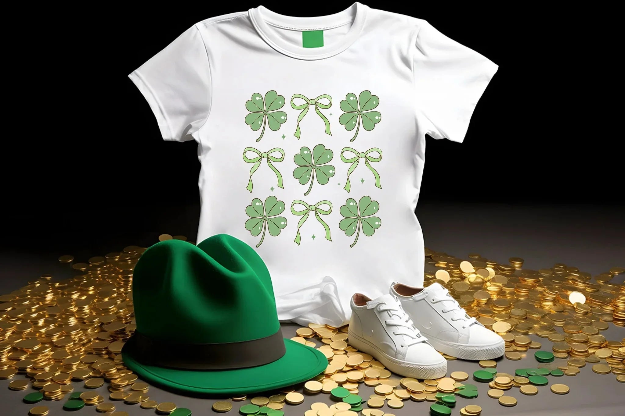 Women's St. Patrick's Day T-Shirt – Lucky Clover & Bow Design – Soft Cotton Crew Neck Tee – Irish Lass Holiday Shirt