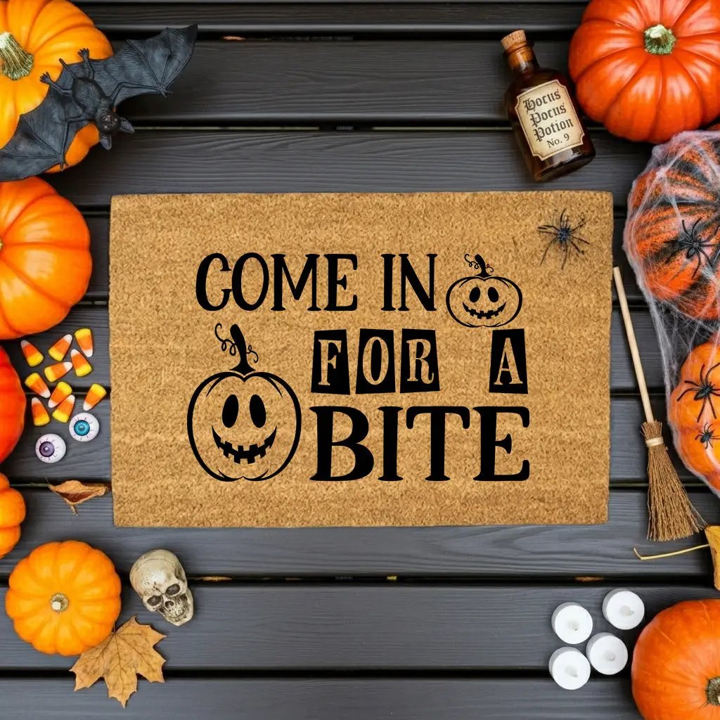 Come In for a Bite Doormat – Funny Pumpkin Halloween Outdoor Coir Mat