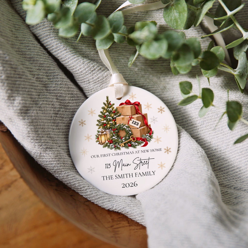 Personalized First Christmas in New Home Ornament, Custom Address Christmas Decoration, Moving Boxes Ornament, New Homeowner Housewarming Gift