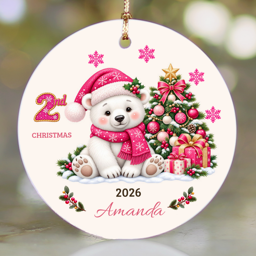 Personalized Baby Polar Bear Christmas Ornament, Baby's First Christmas, 1st–10th Christmas Keepsake, Custom Name and Year, Pink or Blue