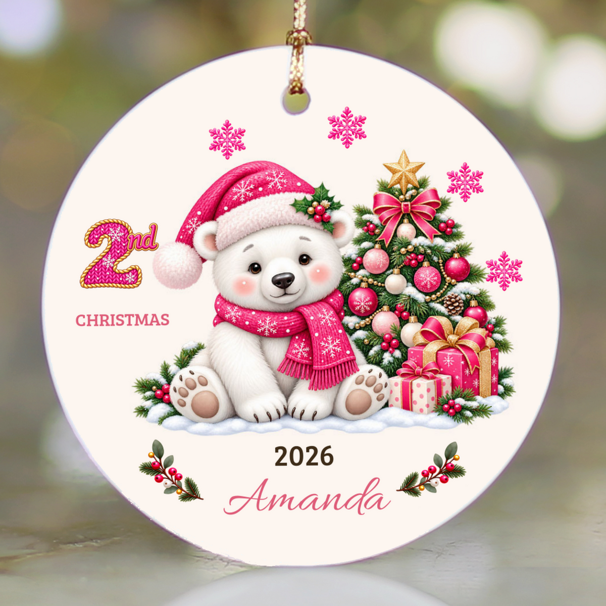 Personalized Baby Polar Bear Christmas Ornament, Baby's First Christmas, 1st–10th Christmas Keepsake, Custom Name and Year, Pink or Blue