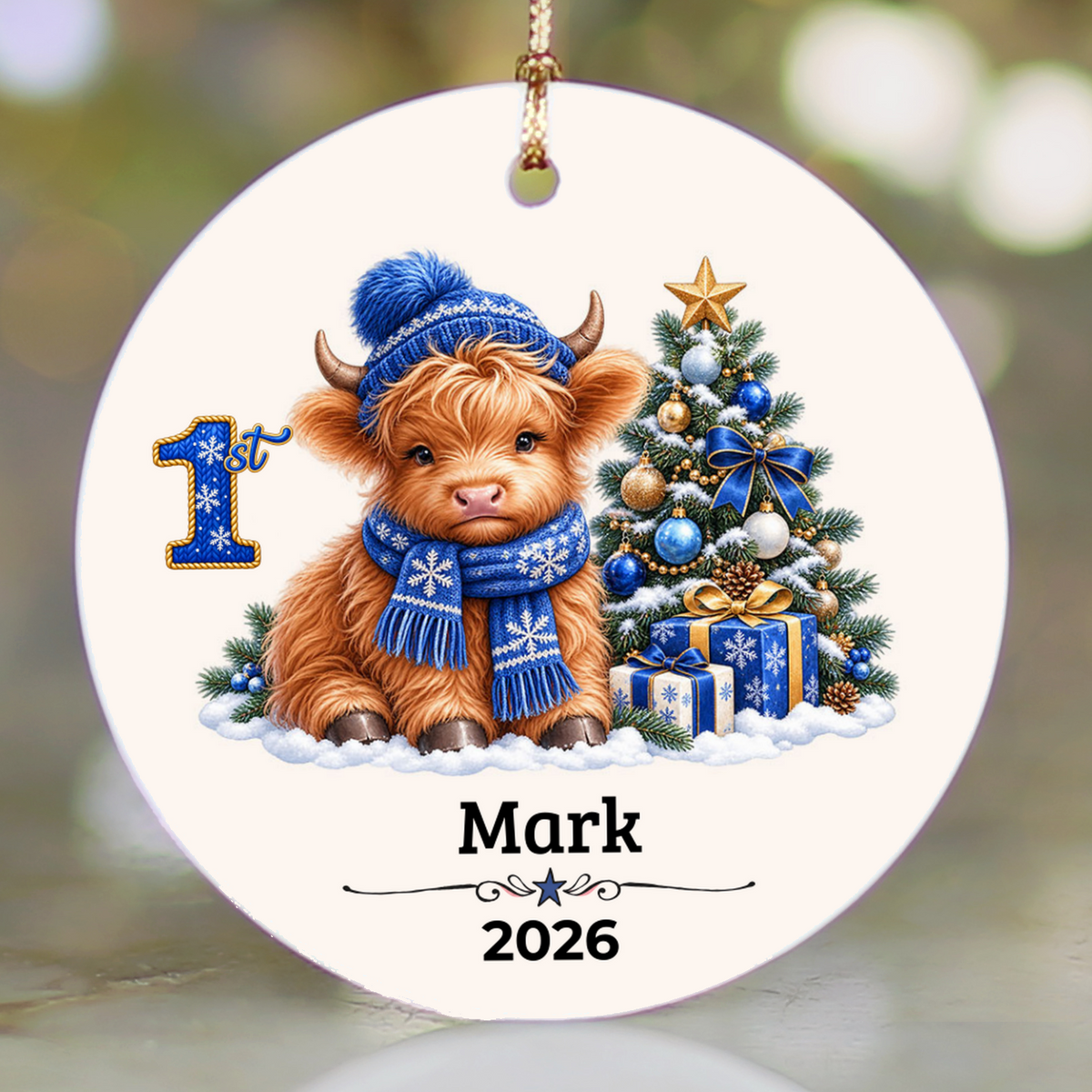 Personalized Christmas Ornament – Pink or Blue Highland Cow First, Second, Third Christmas 2026, Custom Name Keepsake, 3 Inch Ceramic Holiday Decor