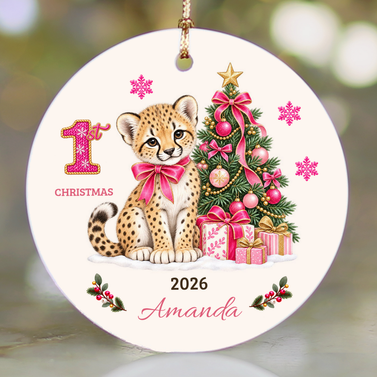 Personalized Baby Cheetah Christmas Ornament, Baby's First Christmas, 1st–10th Year Keepsake, Custom Name and Year, Pink or Blue