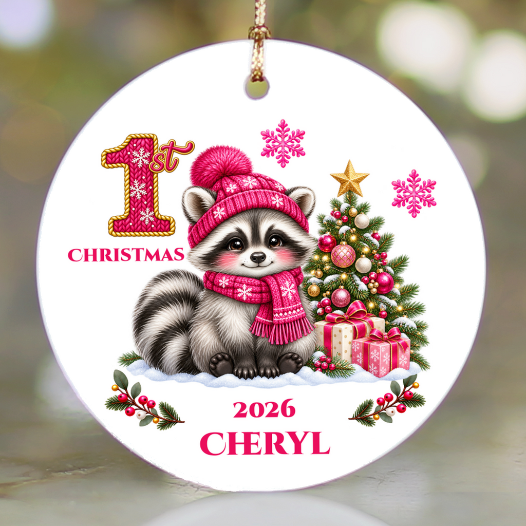 Raccoon Holiday Decor, Baby's First, Second, Third Christmas Ornament, Holiday Decor, Ceramic Tree Decoration 3 Inch