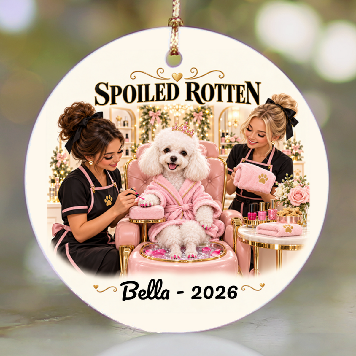 Personalized Pet Photo Christmas Ornament, Spoiled Rotten Dog Spa Ornament, Custom Dog or Cat Gift, Pet Name and Year, Ceramic Keepsake