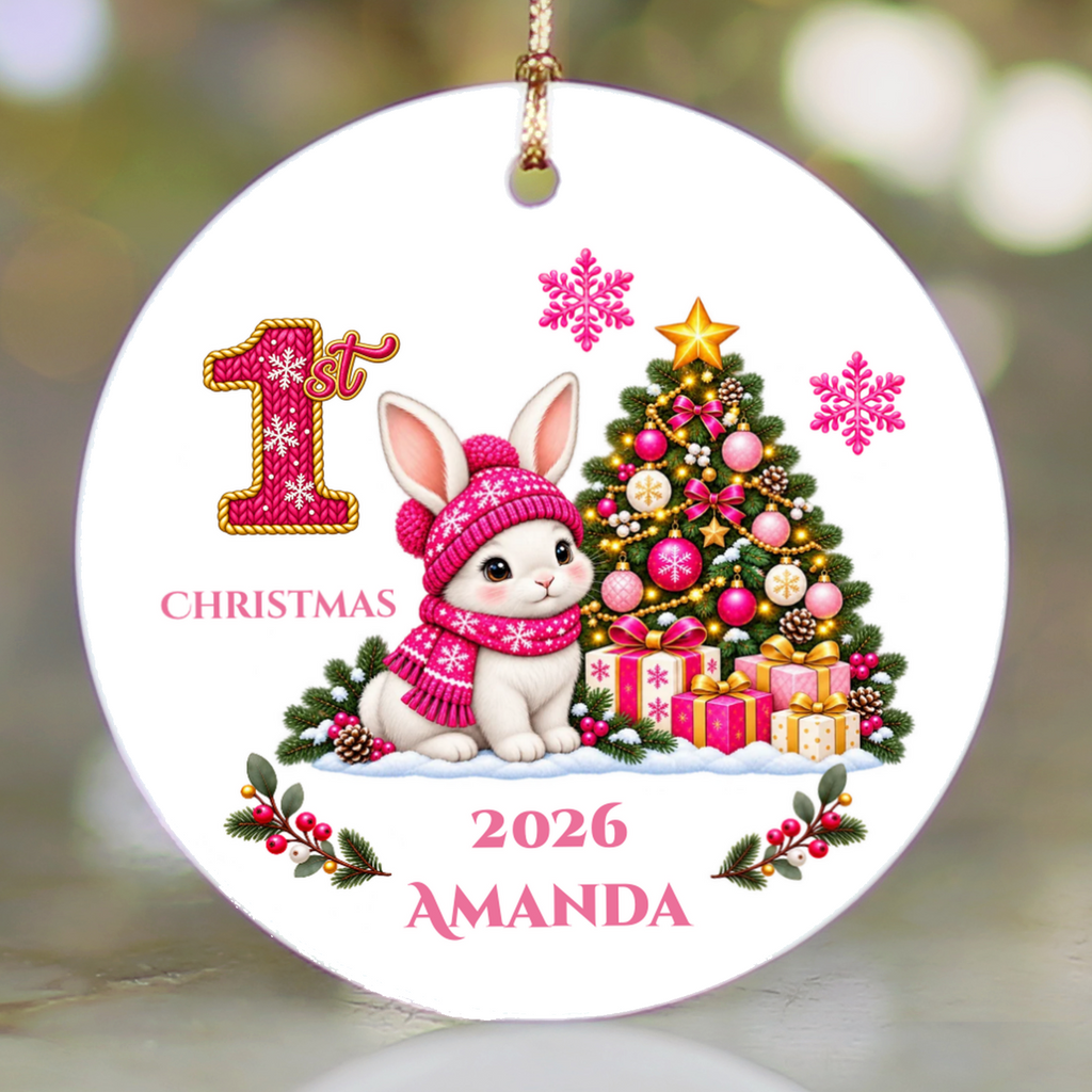 Baby Bunny Personalized Christmas Ornament. Baby's 1st 2nd 3rd Christmas, Custom Name Year Ceramic Keepsake, Girl Gift