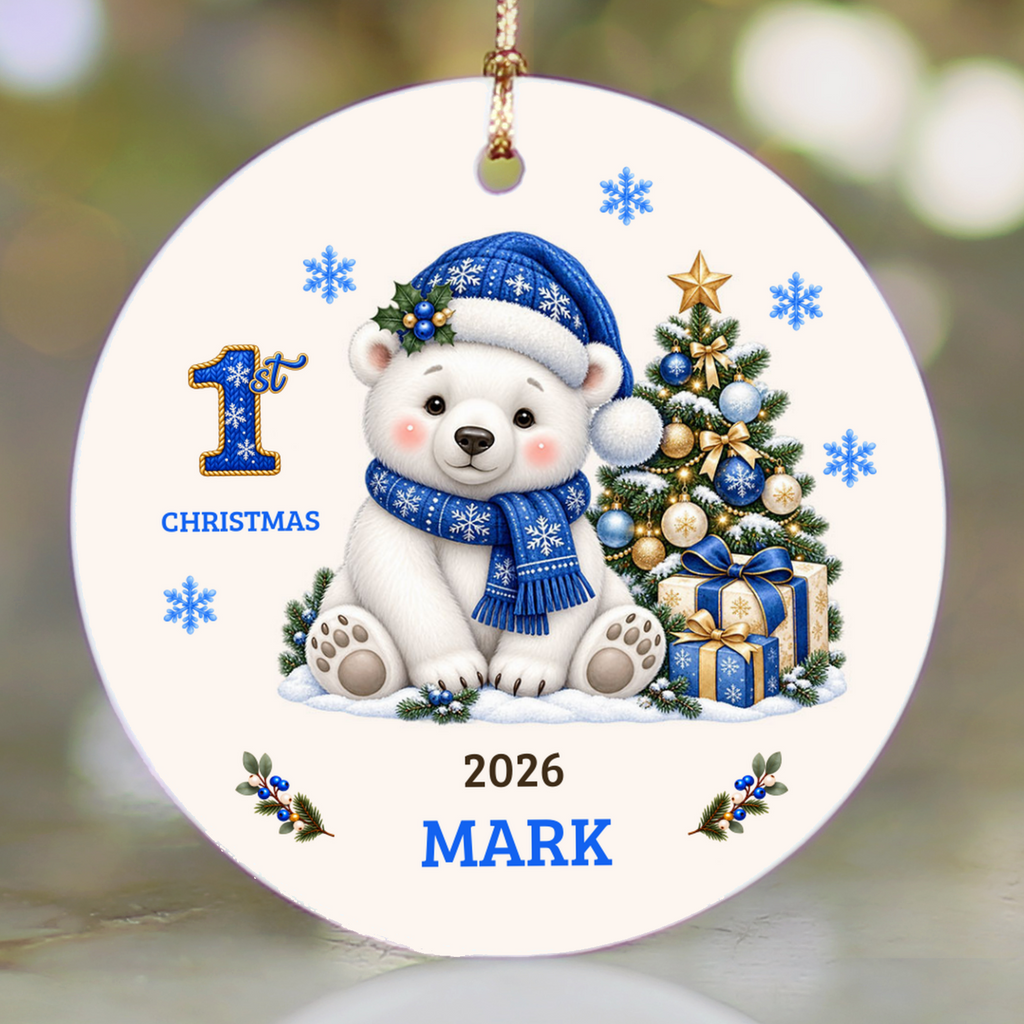 Personalized Baby Polar Bear Christmas Ornament, Baby's First Christmas, 1st–10th Christmas Keepsake, Custom Name and Year, Pink or Blue
