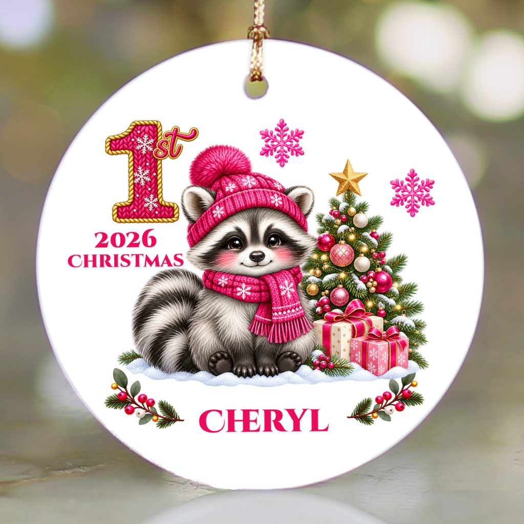 Baby Raccoon Personalized Christmas Ornament, First Christmas Keepsake, Pink Winter Animal Ceramic Tree Decoration, New Baby Gift 2026