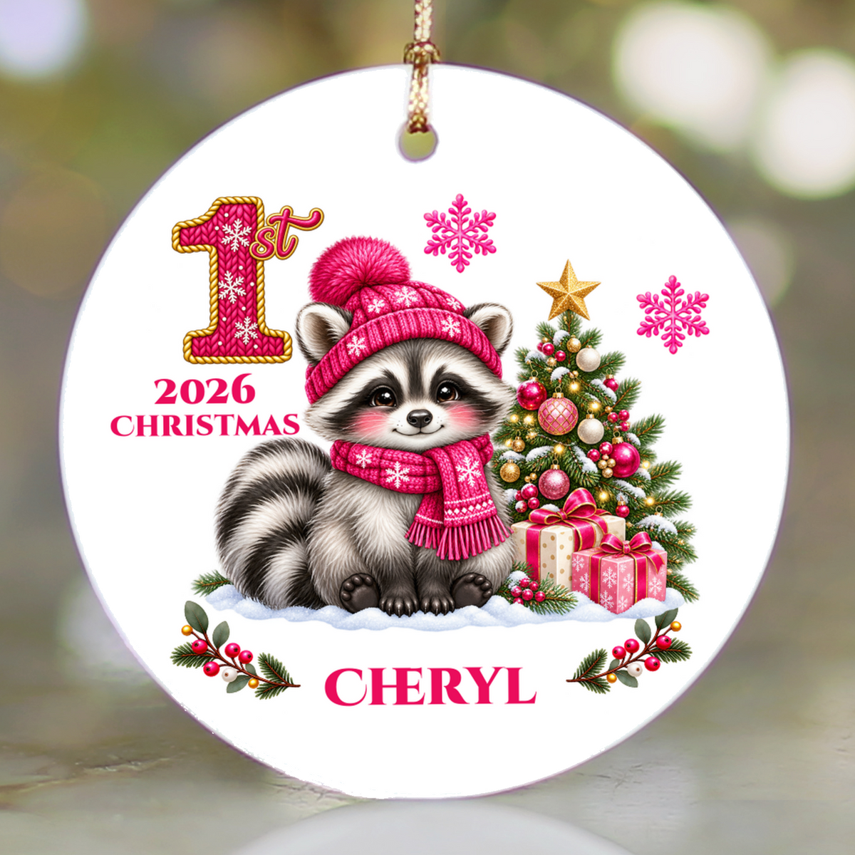 Baby Raccoon Personalized Christmas Ornament, First Christmas Keepsake, Pink Winter Animal Ceramic Tree Decoration, New Baby Gift 2026