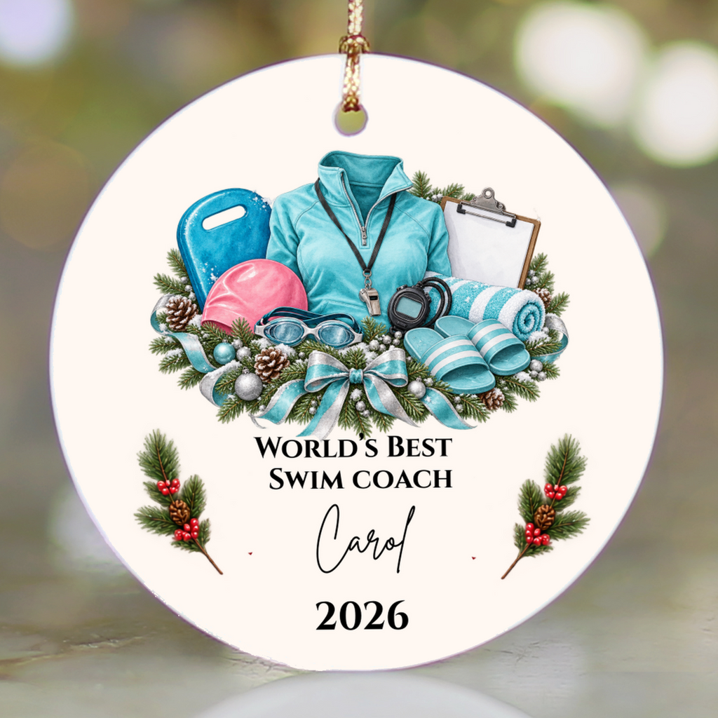 Personalized Swim Coach Ornament, Swimming Coach Christmas Gift, Custom Coach Appreciation Keepsake, Swim Team Gift, Name and Year