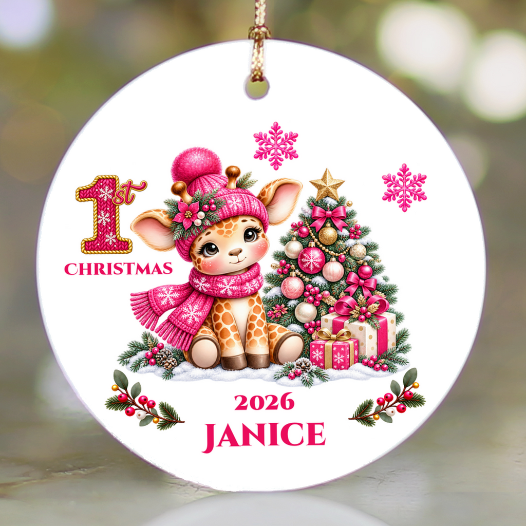 Giraffe Baby Personalized Christmas Ornament, Baby's 1st 2nd 3rd Christmas, Custom Name Year Ceramic Keepsake, Boy or Girl Gift