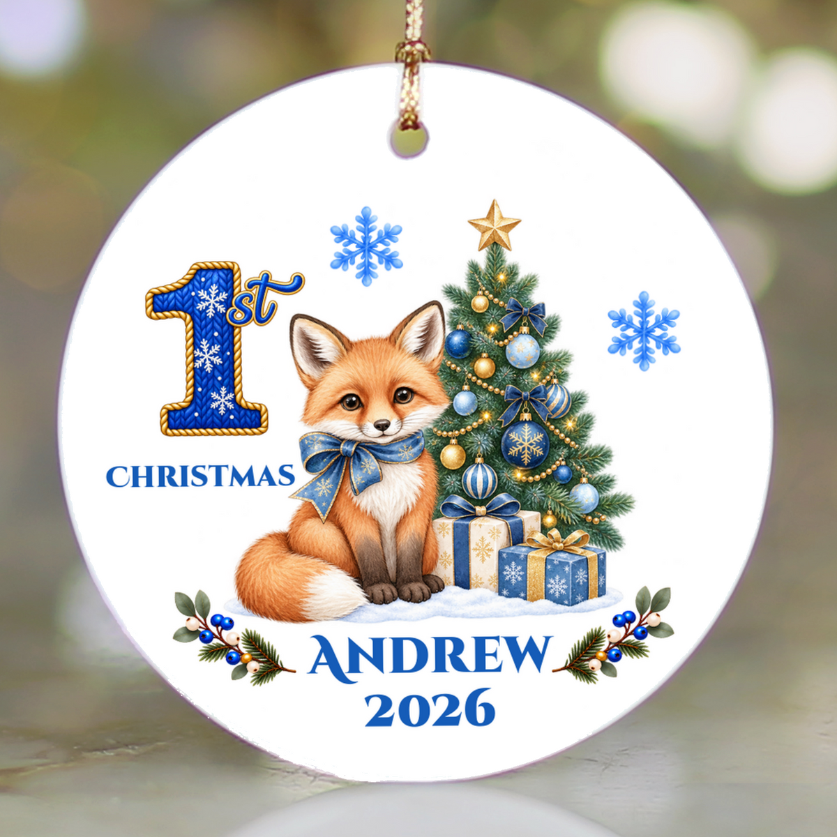 Fox Baby Personalized Christmas Ornament, Baby's 1st 2nd 3rd Christmas, Custom Name Year Ceramic Keepsake