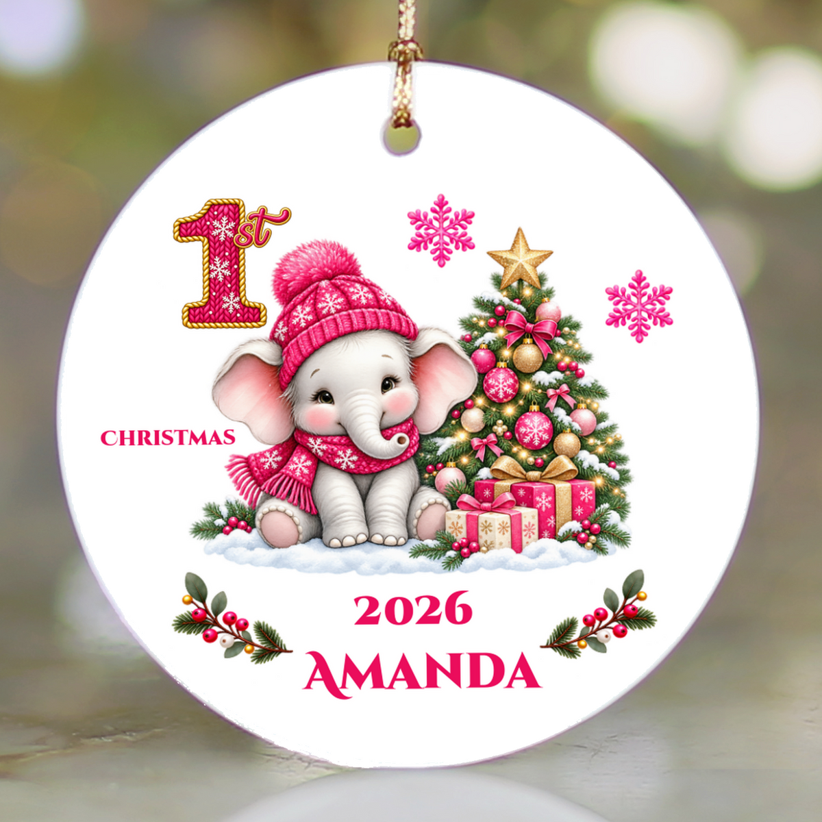 Elephant Baby Personalized Christmas Ornament, Baby's 1st 2nd 3rd Christmas, Custom Name Year Ceramic Keepsake, Girl Gift