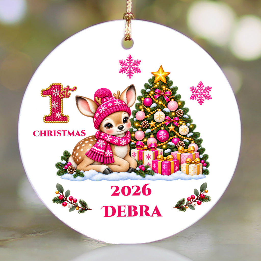 Fawn Baby Personalized Christmas Ornament, Baby's 1st 2nd 3rd Christmas, Custom Name Year Ceramic Keepsake, Boy or Girl Gift