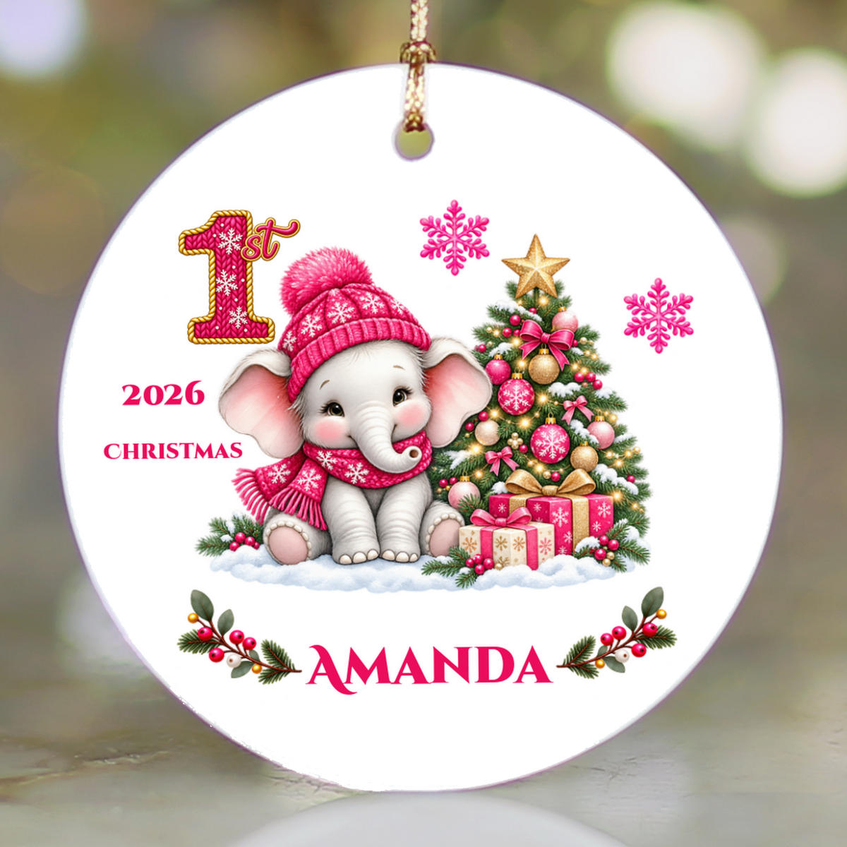 Elephant Baby Personalized Christmas Ornament Pink, Baby's 1st 2nd 3rd Christmas, Custom Name Year Ceramic Keepsake, Girl Gift