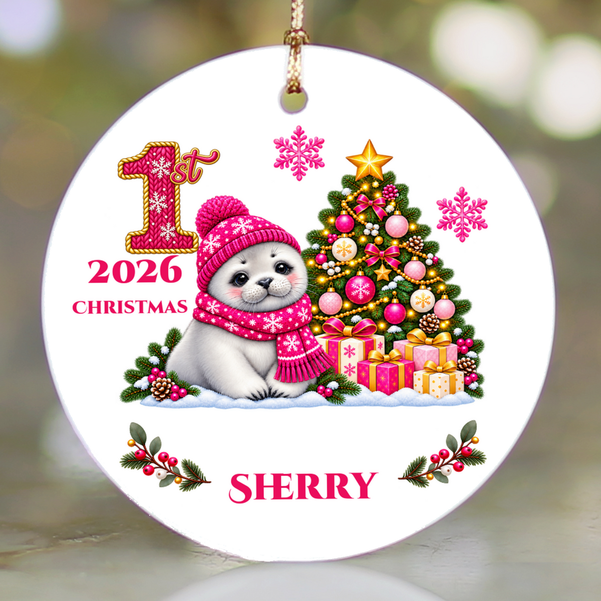 Baby Seal Pup Personalized Christmas Ornament, Custom Name Year Ceramic Keepsake, Baby’s 1st 2nd 3rd Christmas, Girl Gift