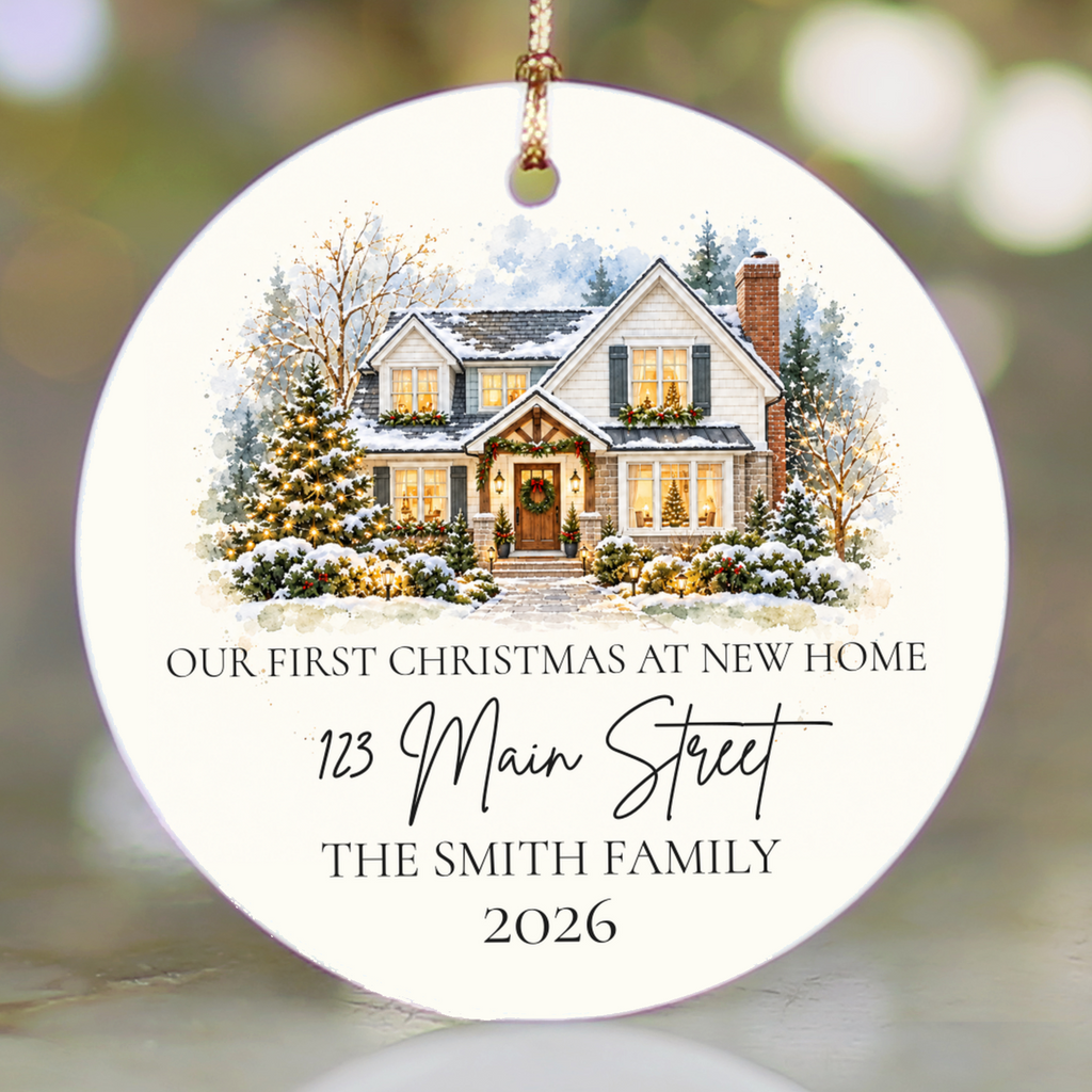 Custom House Photo Christmas Ornament, Personalized First Christmas in New Home, Watercolor House Portrait, Address Family Name Ceramic Gift