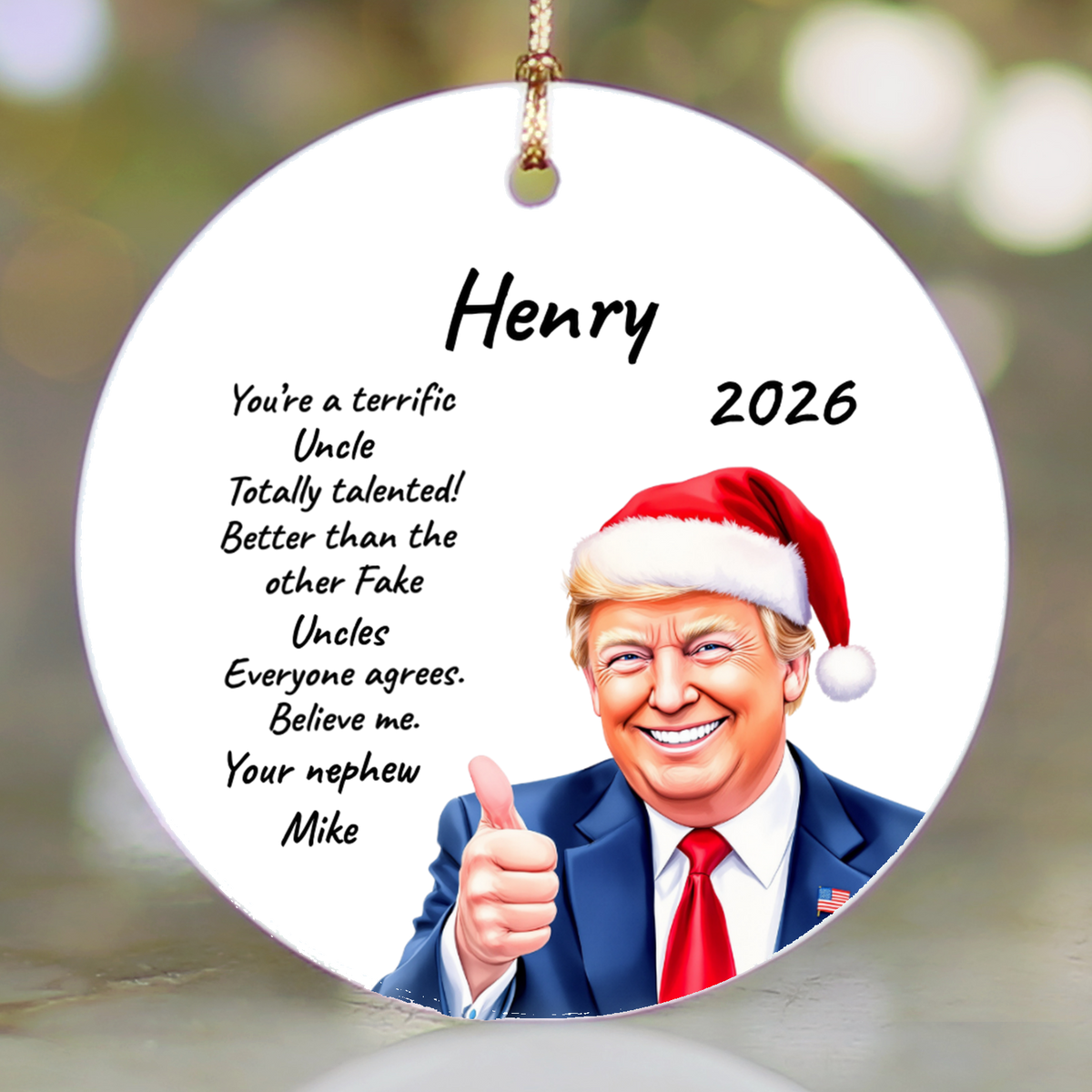 Personalized Trump Christmas Ornament, Funny Santa Hat Trump Gift, Custom Name Year and Relationship, 3 Inch Ceramic Holiday Keepsake