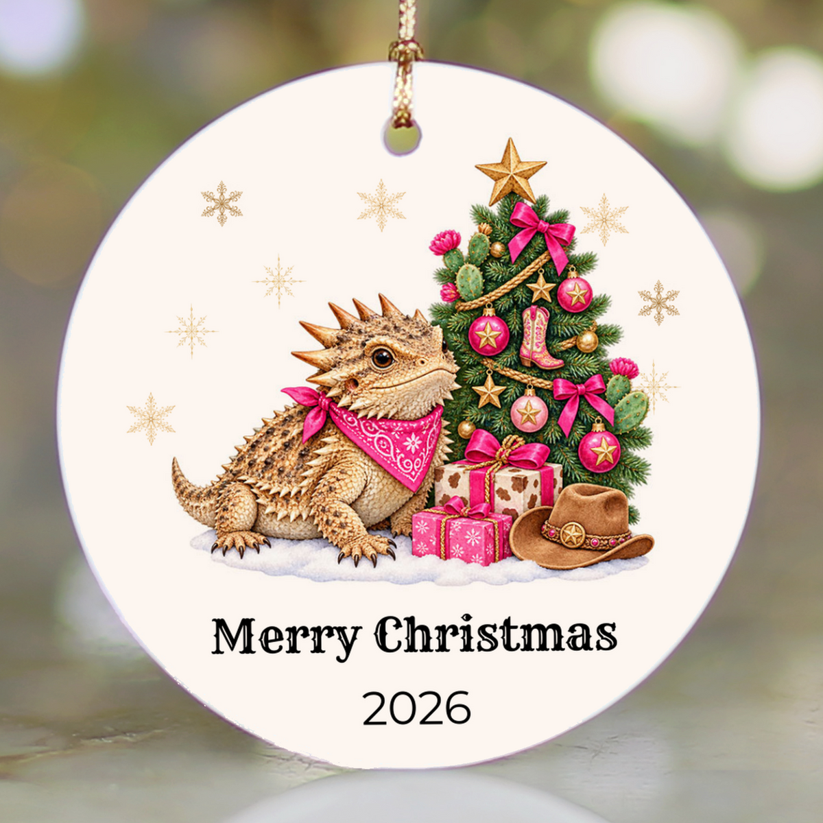 Personalized Horny Toad Christmas Ornament, Texas Horned Lizard, Western Cowboy Cowgirl Decor, Blue or Pink, Custom Name Year Gift
