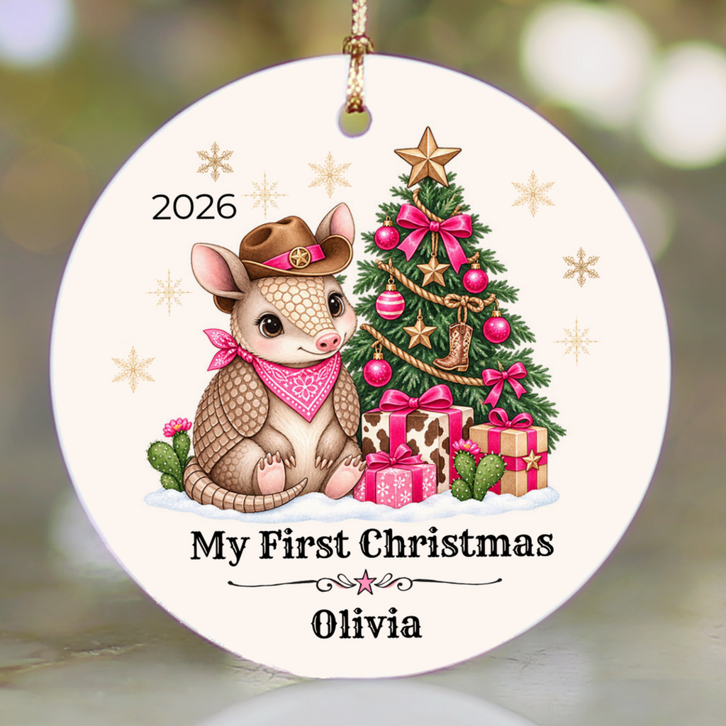 Personalized Baby Armadillo Christmas Ornament, Baby's First Christmas, Western Cowboy Cowgirl Baby Gift, Custom Name Year, Blue or Pink