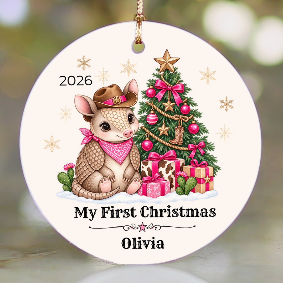Personalized Baby Armadillo Christmas Ornament, Baby's First Christmas, Western Cowboy Cowgirl Baby Gift, Custom Name Year, Blue or Pink