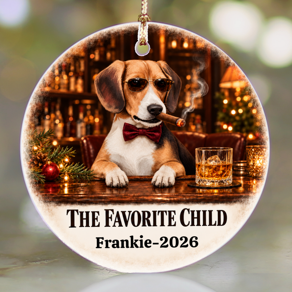 Personalized Dog Photo Christmas Ornament, The Favorite Child, Custom Pet Portrait, Funny Dog Lover Gift, Name and Year Ceramic Keepsake