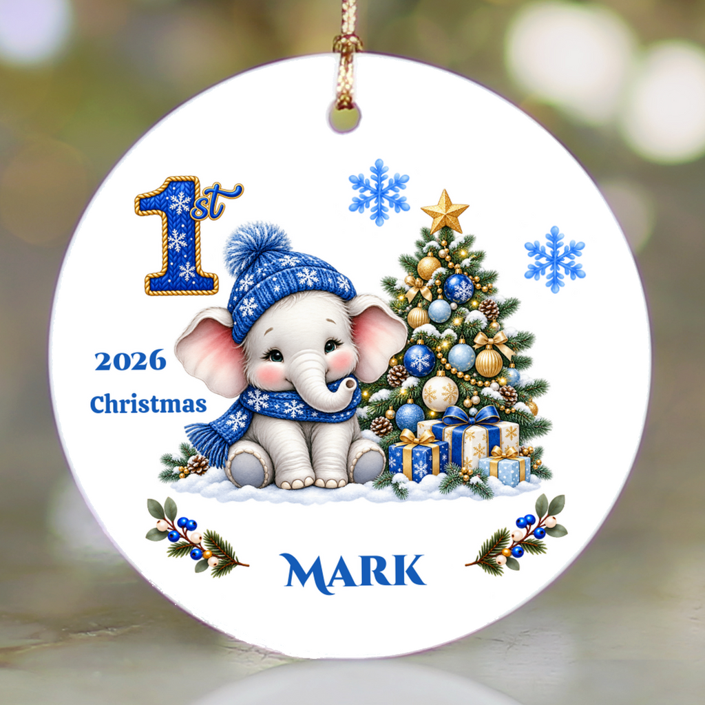 Elephant Baby Personalized Christmas Ornament Blue, Baby's 1st 2nd 3rd Christmas, Custom Name Year Ceramic Keepsake, Girl Gift