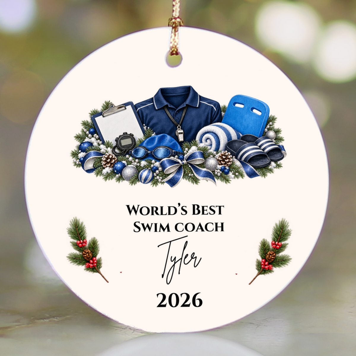 Personalized Swim Coach Ornament, Swimming Coach Christmas Gift, Custom Coach Appreciation Keepsake, Swim Team Gift, Name and Year