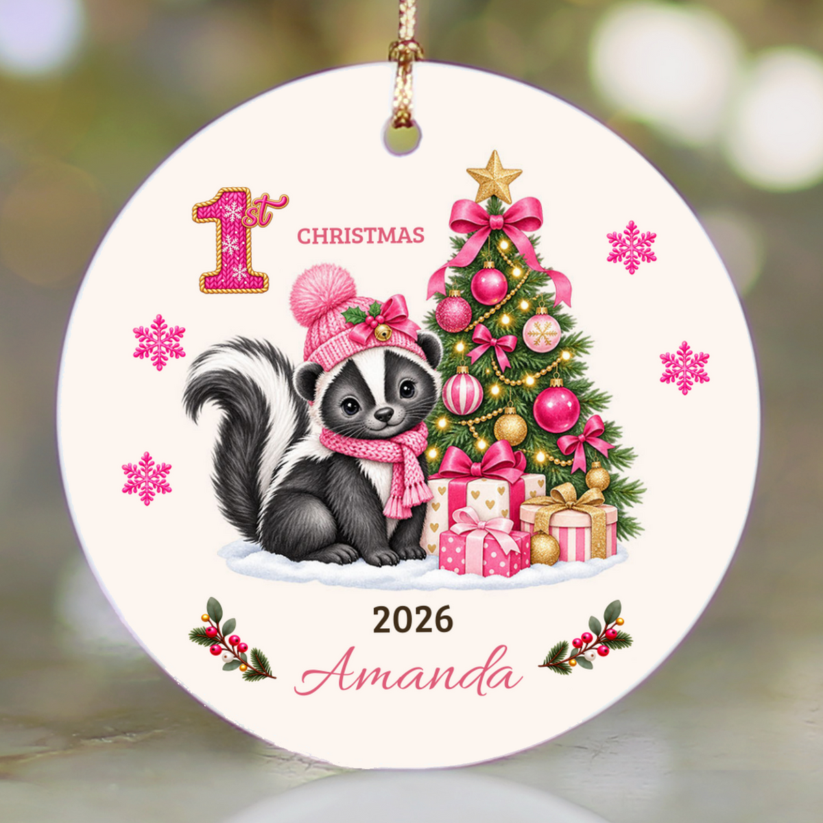 Personalized Baby Skunk Christmas Ornament, Baby's First Christmas, 1st–10th Christmas Keepsake, Custom Name and Year, Pink or Blue
