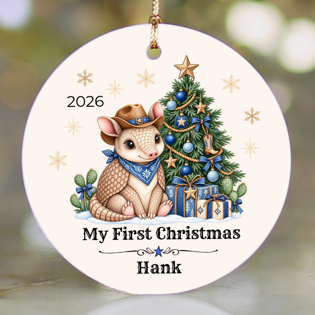 Personalized Baby Armadillo Christmas Ornament, Baby's First Christmas, Western Cowboy Cowgirl Baby Gift, Custom Name Year, Blue or Pink
