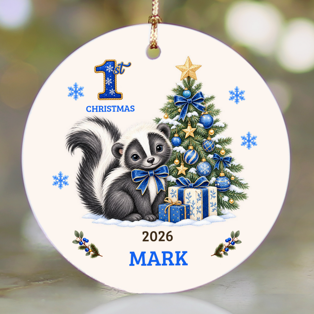 Personalized Baby Skunk Christmas Ornament, Baby's First Christmas, 1st–10th Christmas Keepsake, Custom Name and Year, Pink or Blue