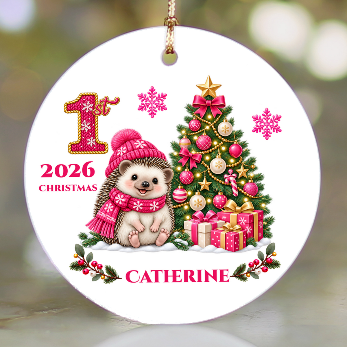 Hedgehog Baby Personalized Christmas Ornament Pink, Baby's 1st 2nd 3rd Christmas, Custom Name Year Ceramic Keepsake, Girl Gift