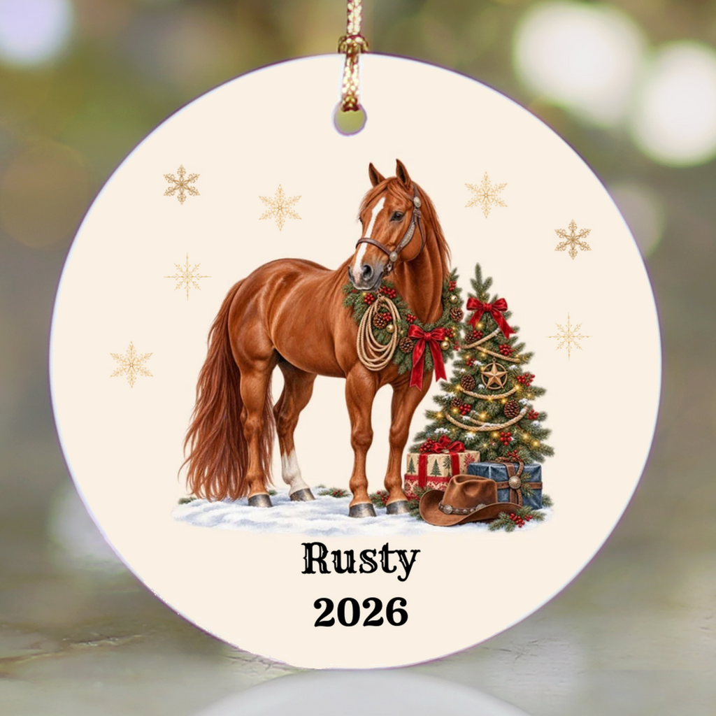 Personalized Horse Christmas Ornament, Custom Horse Photo Portrait, Western Cowboy Ceramic Ornament, Horse Name and Year, Equestrian Gift