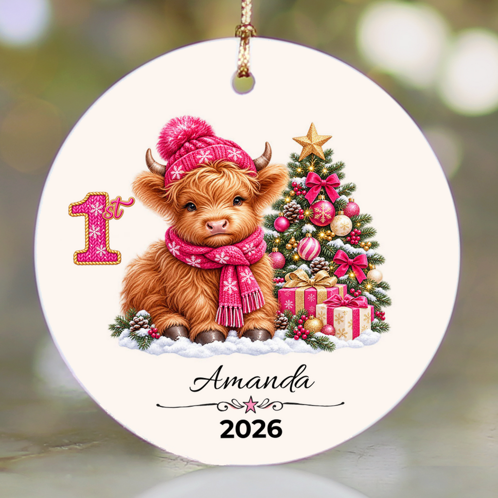Personalized Christmas Ornament – Pink or Blue Highland Cow First, Second, Third Christmas 2026, Custom Name Keepsake, 3 Inch Ceramic Holiday Decor
