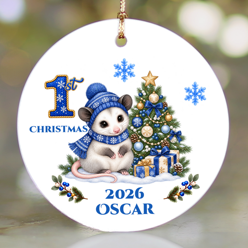 Opossum Baby Personalized Christmas Ornament, Baby's 1st 2nd 3rd Christmas, Custom Name Year Ceramic Keepsake, Boy Gift