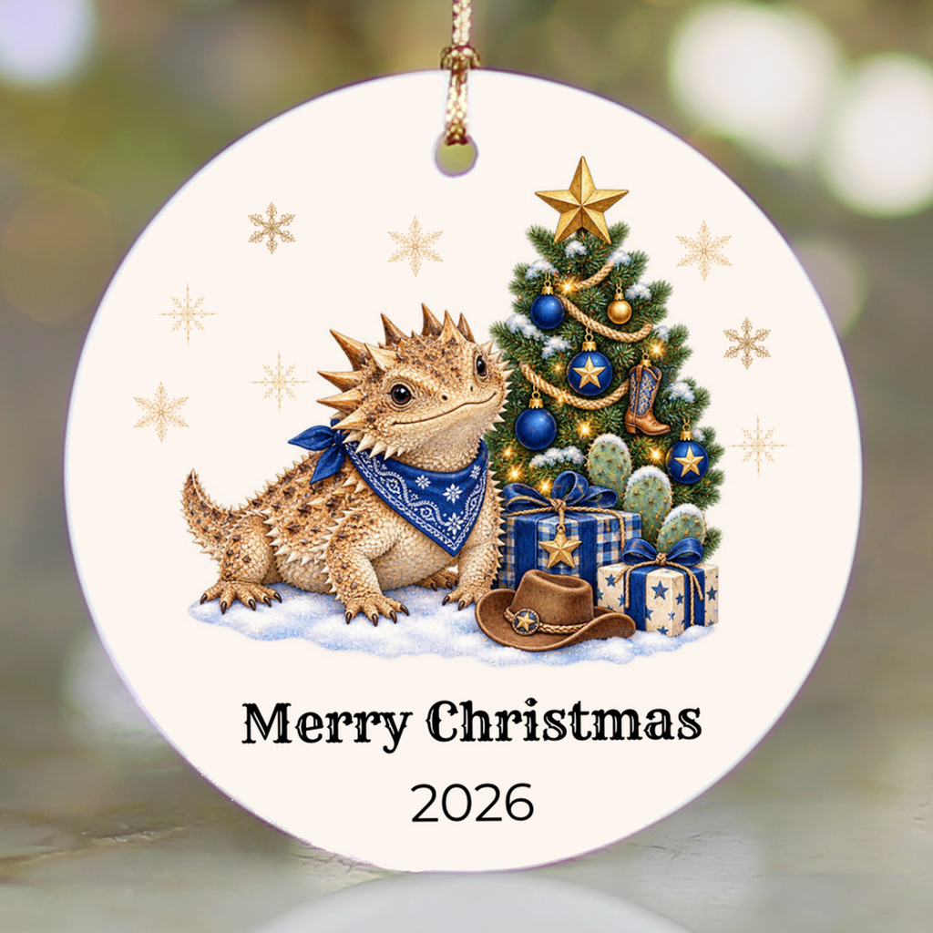Personalized Horny Toad Christmas Ornament, Texas Horned Lizard, Western Cowboy Cowgirl Decor, Blue or Pink, Custom Name Year Gift