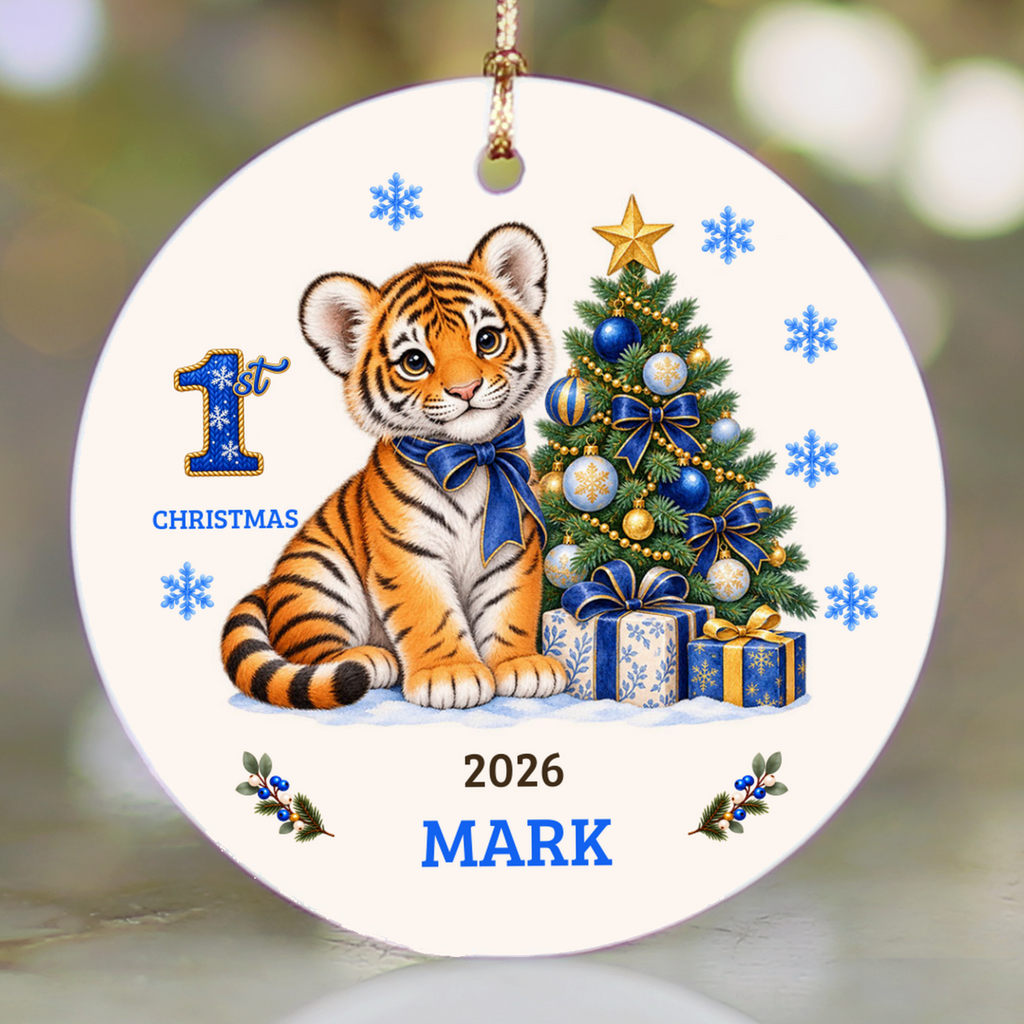 Personalized Baby Tiger Christmas Ornament, Baby's 1st to 10th Christmas Keepsake, Custom Name and Year, Pink or Blue, Ceramic Gift