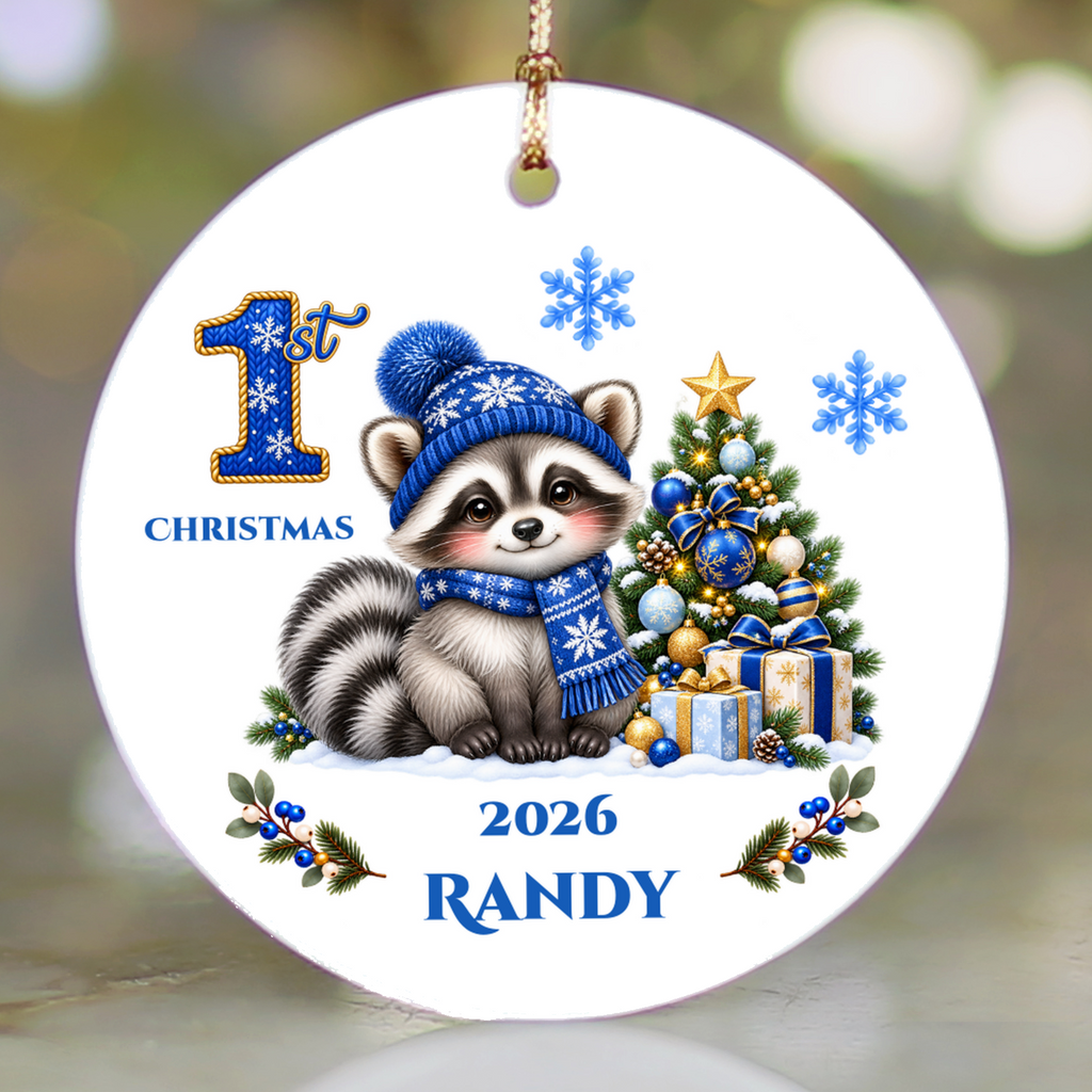 Raccoon Holiday Decor, Baby's First, Second, Third Christmas Ornament, Holiday Decor, Ceramic Tree Decoration 3 Inch