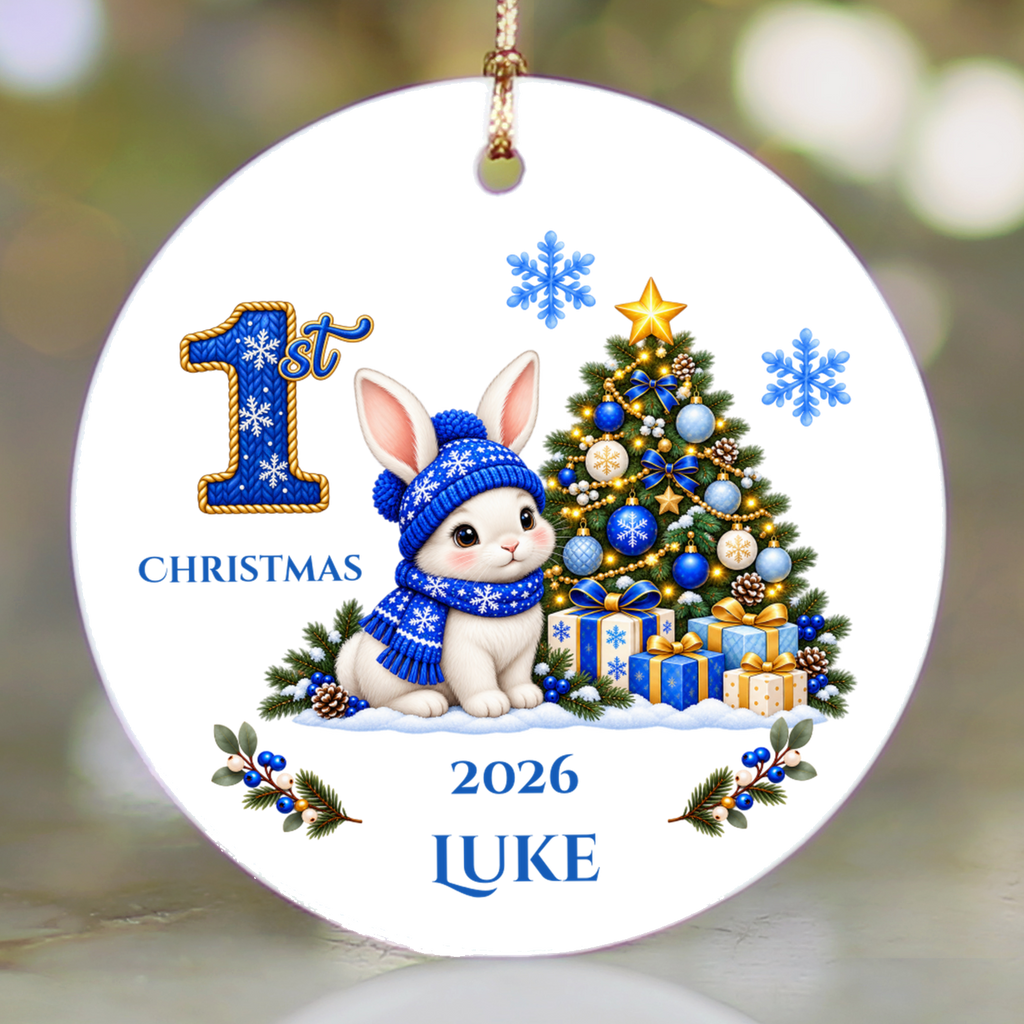 Baby Bunny Personalized Christmas Ornament. Baby's 1st 2nd 3rd Christmas, Custom Name Year Ceramic Keepsake, Girl Gift