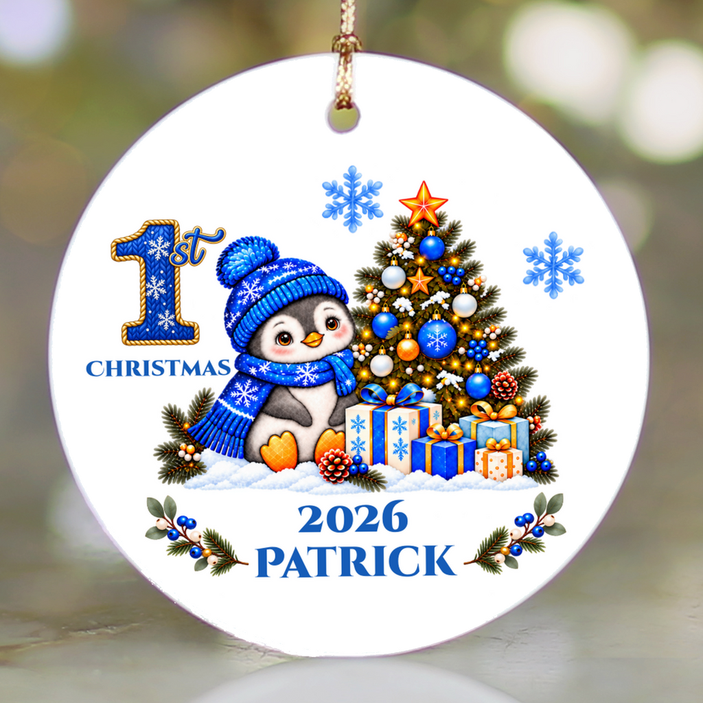 Penguin Baby Personalized Christmas Ornament, Baby's 1st 2nd 3rd Christmas, Custom Name Year Ceramic Keepsake, Boy or Girl Gift