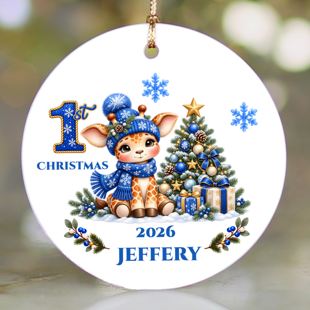 Giraffe Baby Personalized Christmas Ornament, Baby's 1st 2nd 3rd Christmas, Custom Name Year Ceramic Keepsake, Boy or Girl Gift