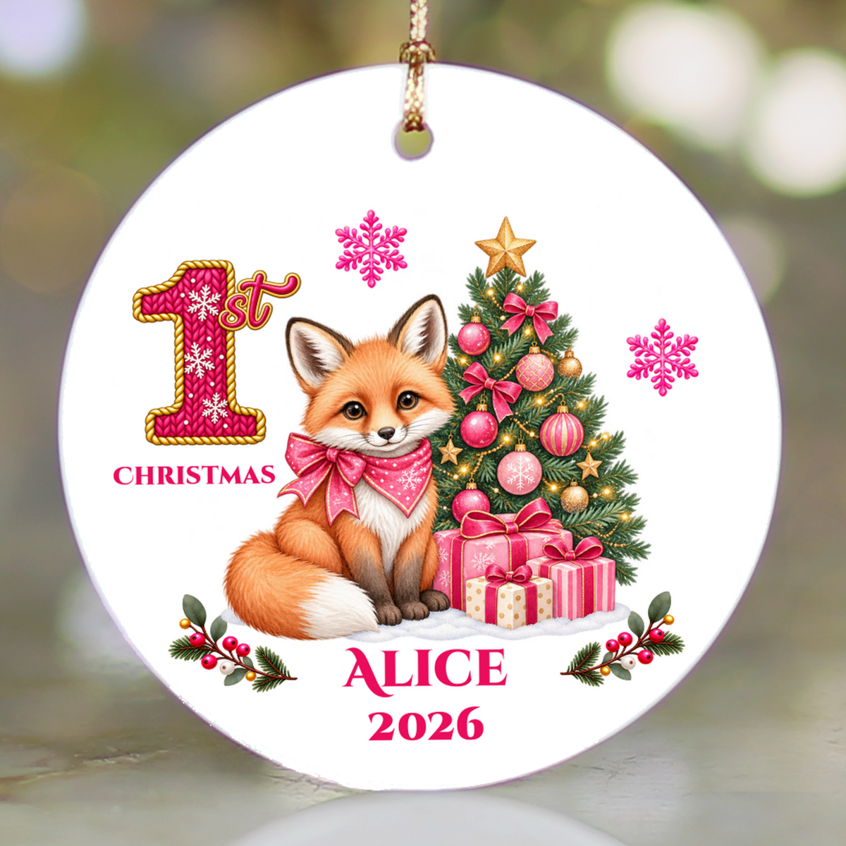 Fox Baby Personalized Christmas Ornament, Baby's 1st 2nd 3rd Christmas, Custom Name Year Ceramic Keepsake