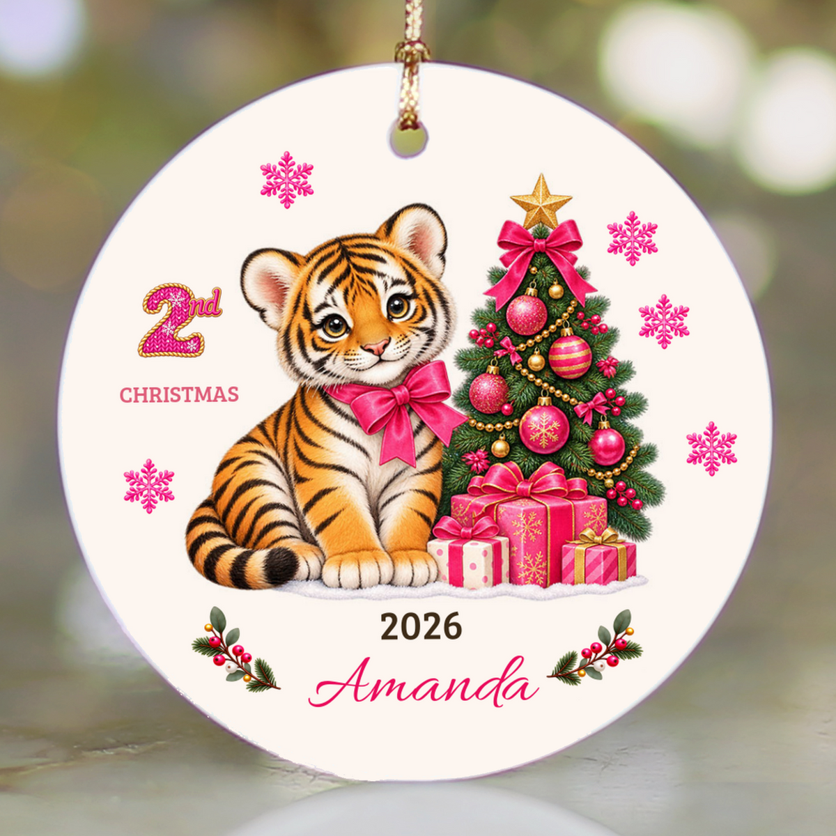Personalized Baby Tiger Christmas Ornament, Baby's 1st to 10th Christmas Keepsake, Custom Name and Year, Pink or Blue, Ceramic Gift