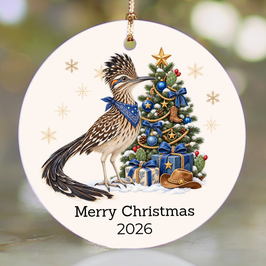 Personalized Roadrunner Christmas Ornament, Western Cowboy Cowgirl Decor, Blue or Pink, Custom Text and Year, Southwest Christmas Gift