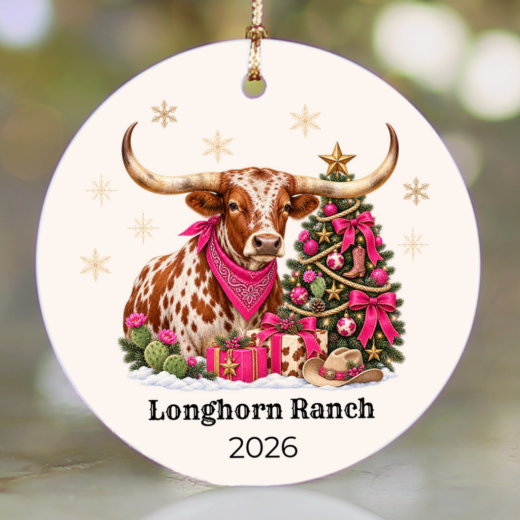 Personalized Longhorn Christmas Ornament, Western Cowboy Ceramic Ornament, Custom Name and Year