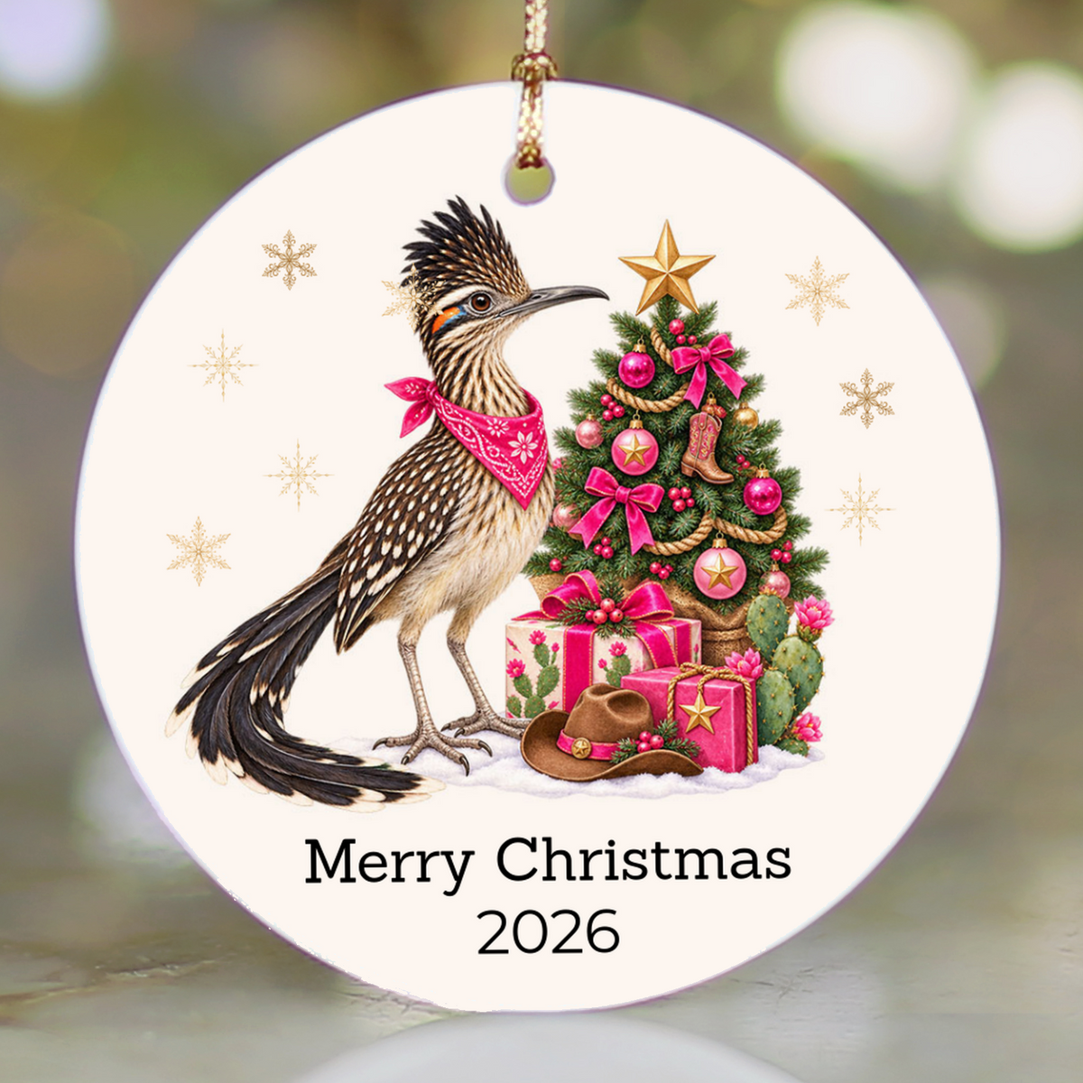Personalized Roadrunner Christmas Ornament, Western Cowboy Cowgirl Decor, Blue or Pink, Custom Text and Year, Southwest Christmas Gift